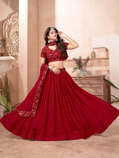 Red Faux Georgette Lehenga Set - Rajwada
