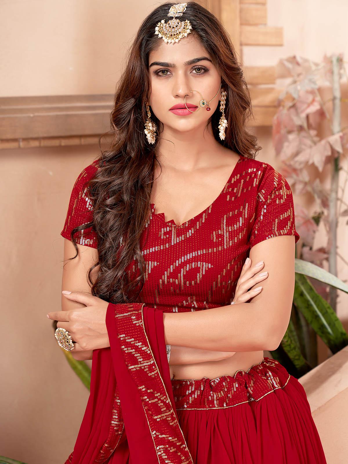 Red Faux Georgette Lehenga Set - Rajwada
