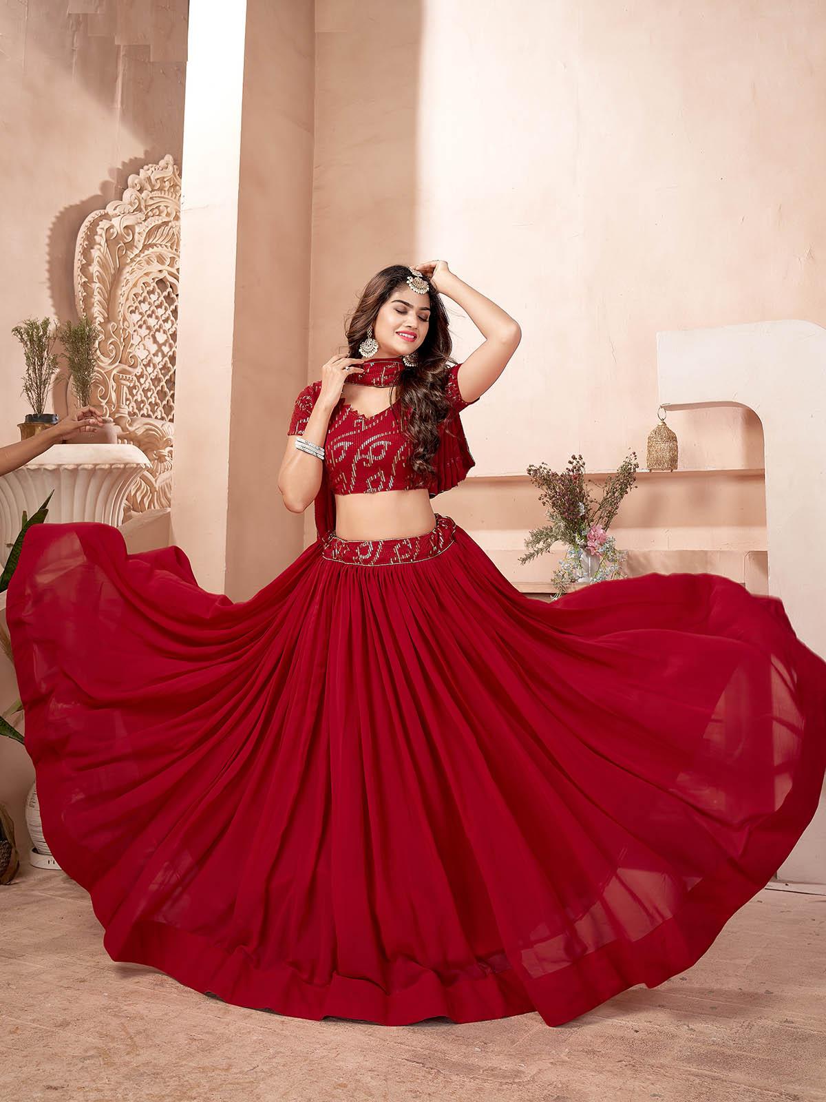 Red Faux Georgette Lehenga Set - Rajwada