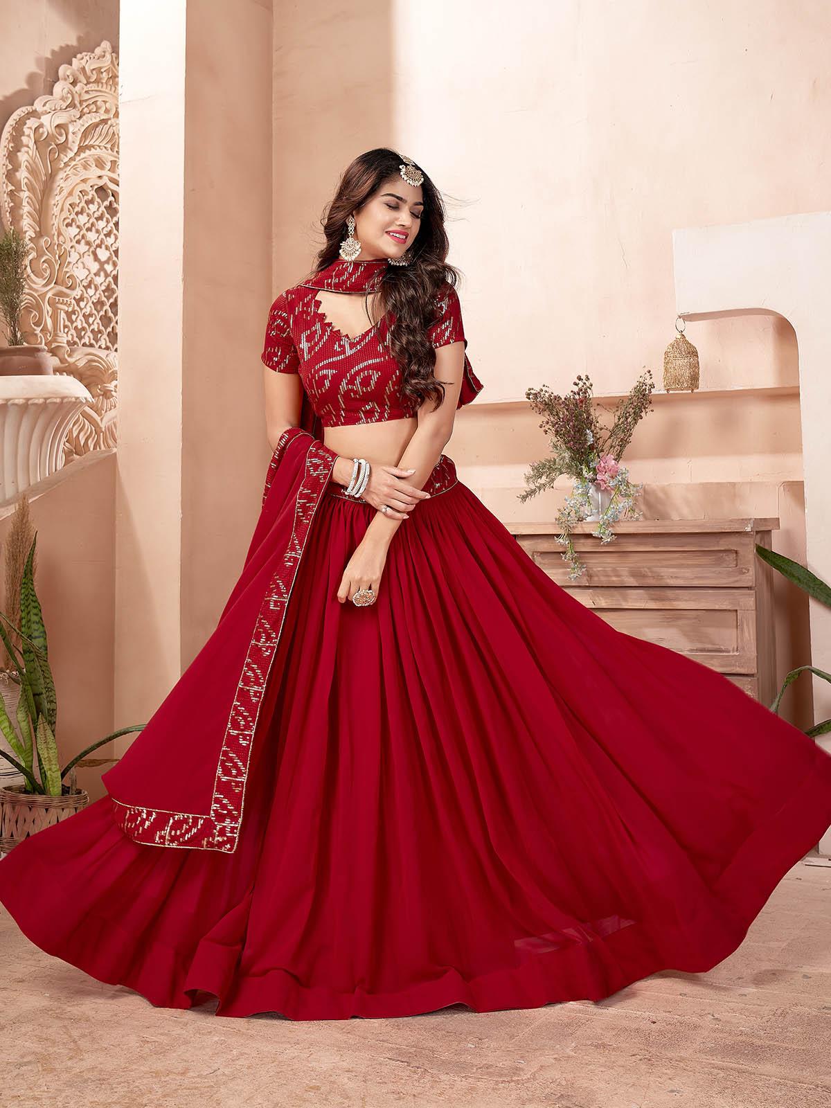 Red Faux Georgette Lehenga Set - Rajwada