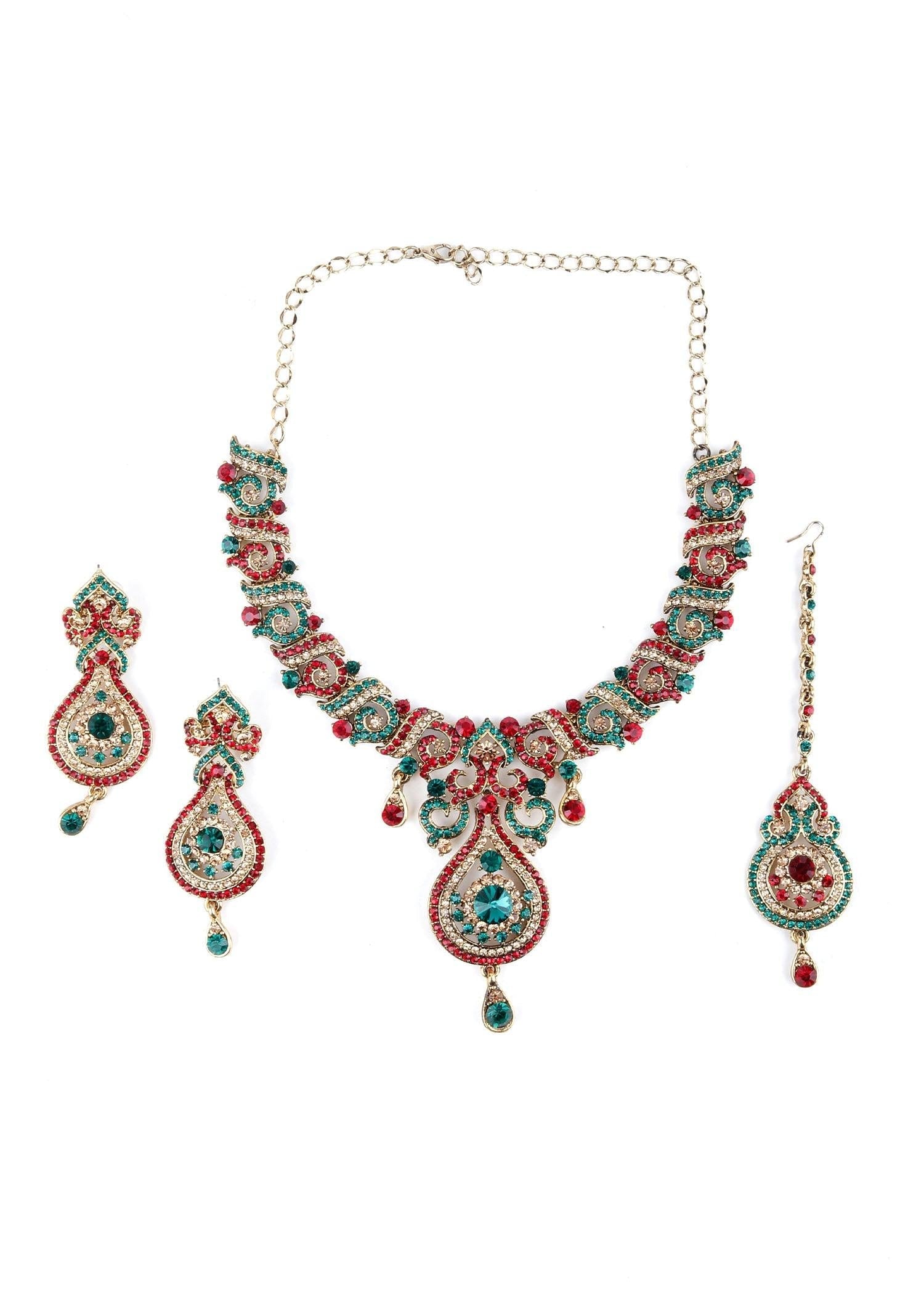 Red, Gold And Green Crystal Necklace Set - Rajwada