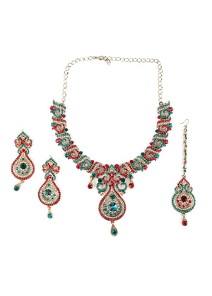 Red, Gold And Green Crystal Necklace Set - Rajwada