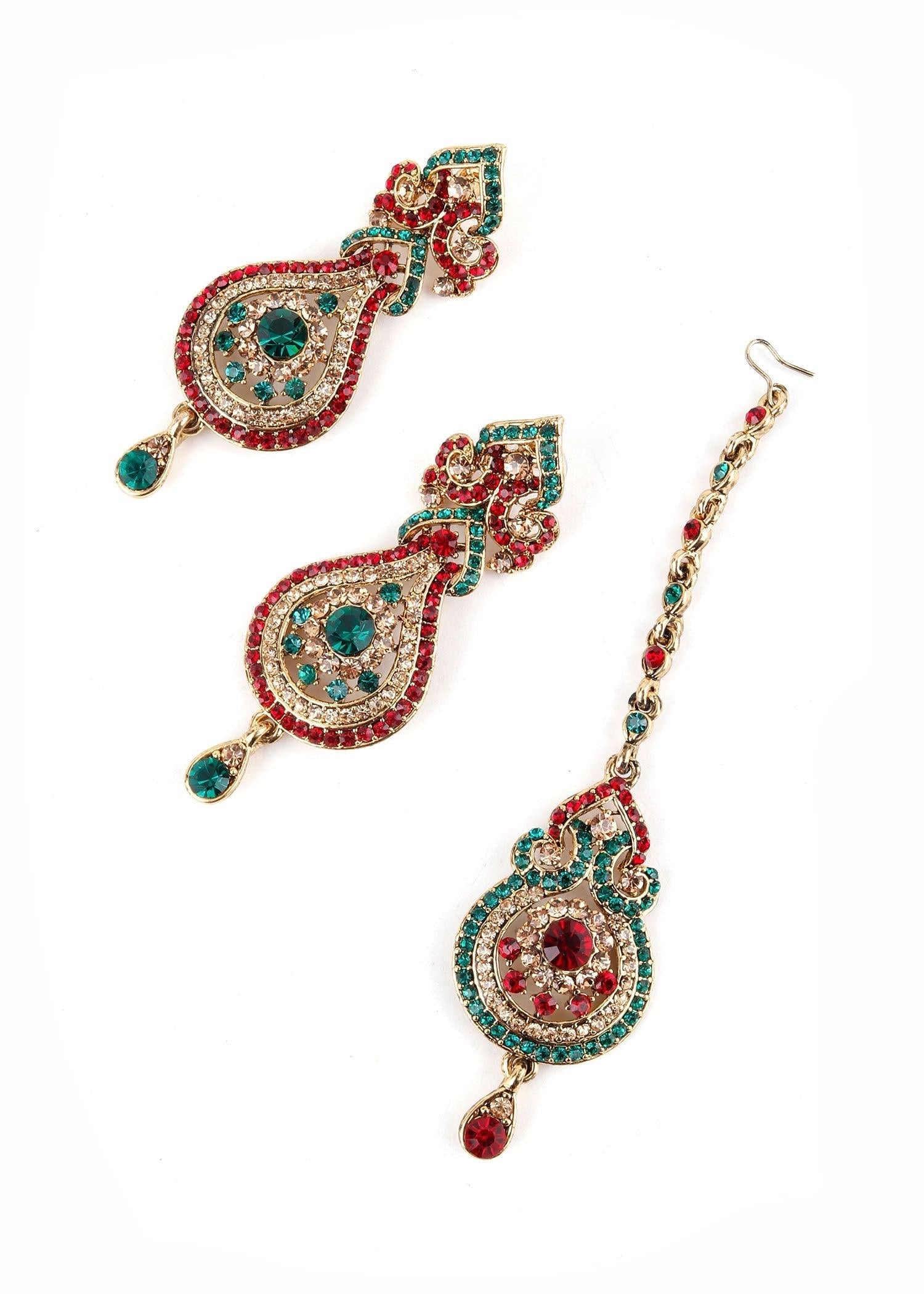 Red, Gold And Green Crystal Necklace Set - Rajwada
