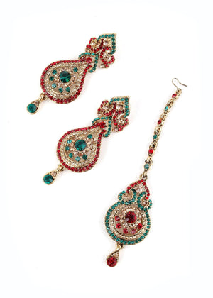 Red, Gold And Green Crystal Necklace Set - Rajwada