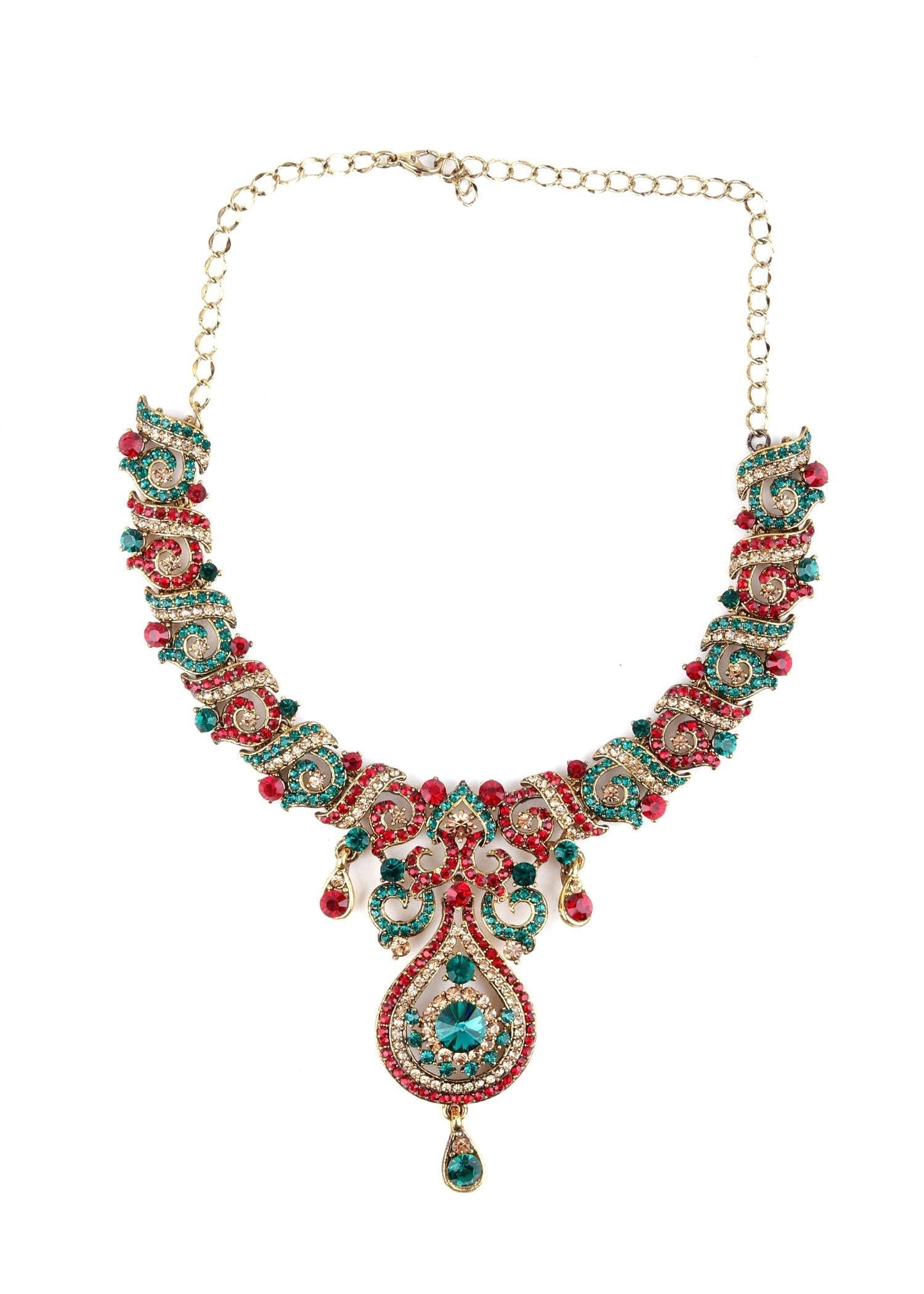 Red, Gold And Green Crystal Necklace Set - Rajwada