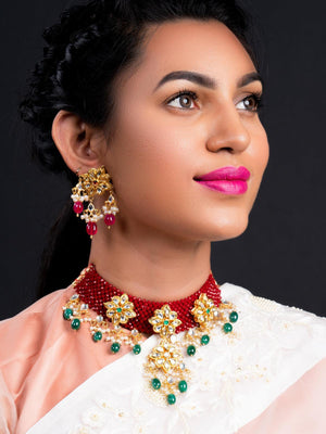 Red-Green Decorative Mani-Kundan-Pearl-Onyx Long Choker Set - Rajwada