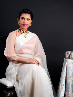 Red-Green Decorative Mani-Kundan-Pearl-Onyx Long Choker Set - Rajwada