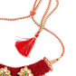 Red-Green Decorative Mani-Kundan-Pearl-Onyx Long Choker Set - Rajwada