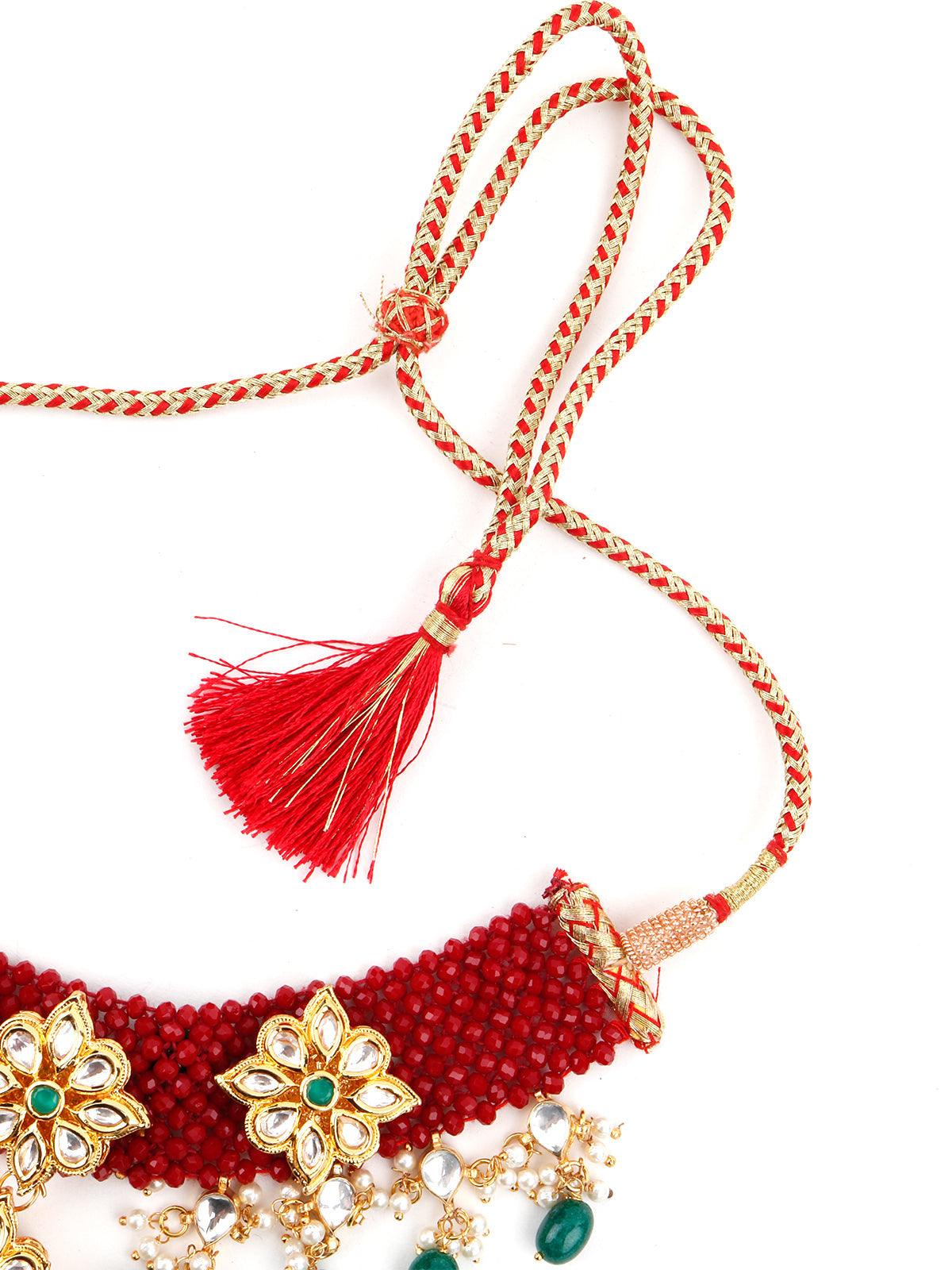 Red-Green Decorative Mani-Kundan-Pearl-Onyx Long Choker Set - Rajwada