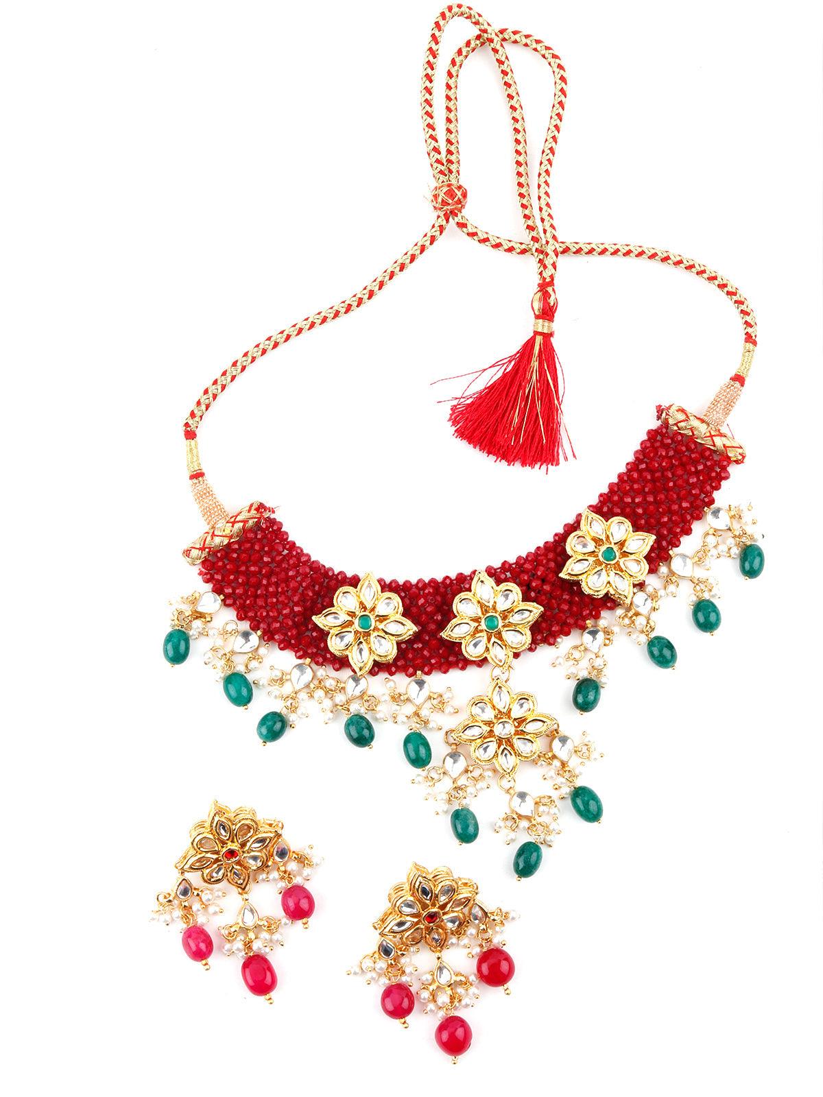 Red-Green Decorative Mani-Kundan-Pearl-Onyx Long Choker Set - Rajwada