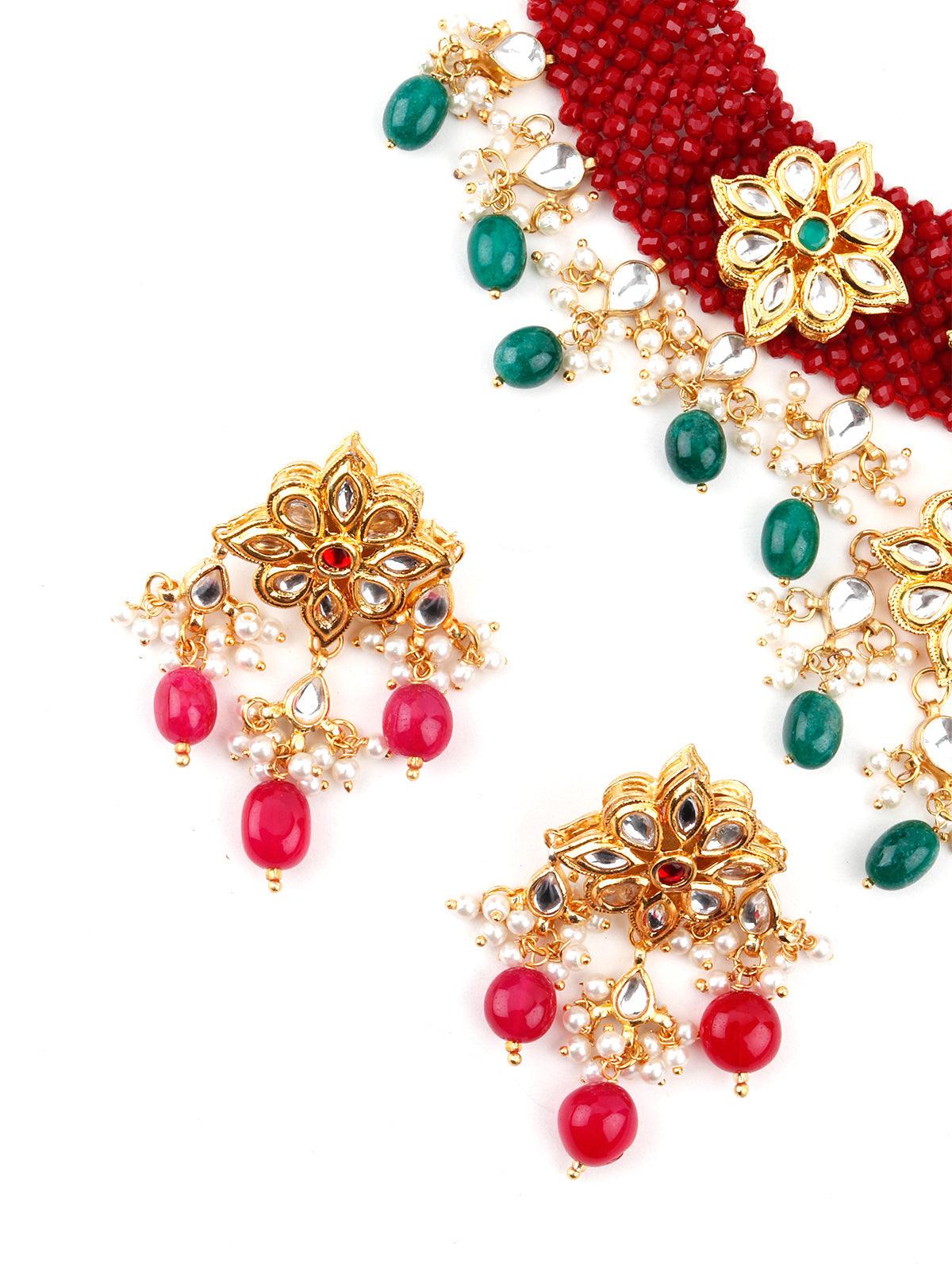 Red-Green Decorative Mani-Kundan-Pearl-Onyx Long Choker Set - Rajwada