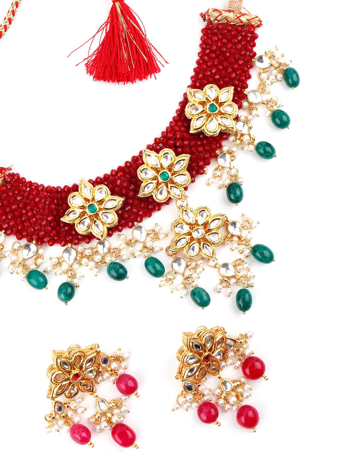 Red-Green Decorative Mani-Kundan-Pearl-Onyx Long Choker Set - Rajwada