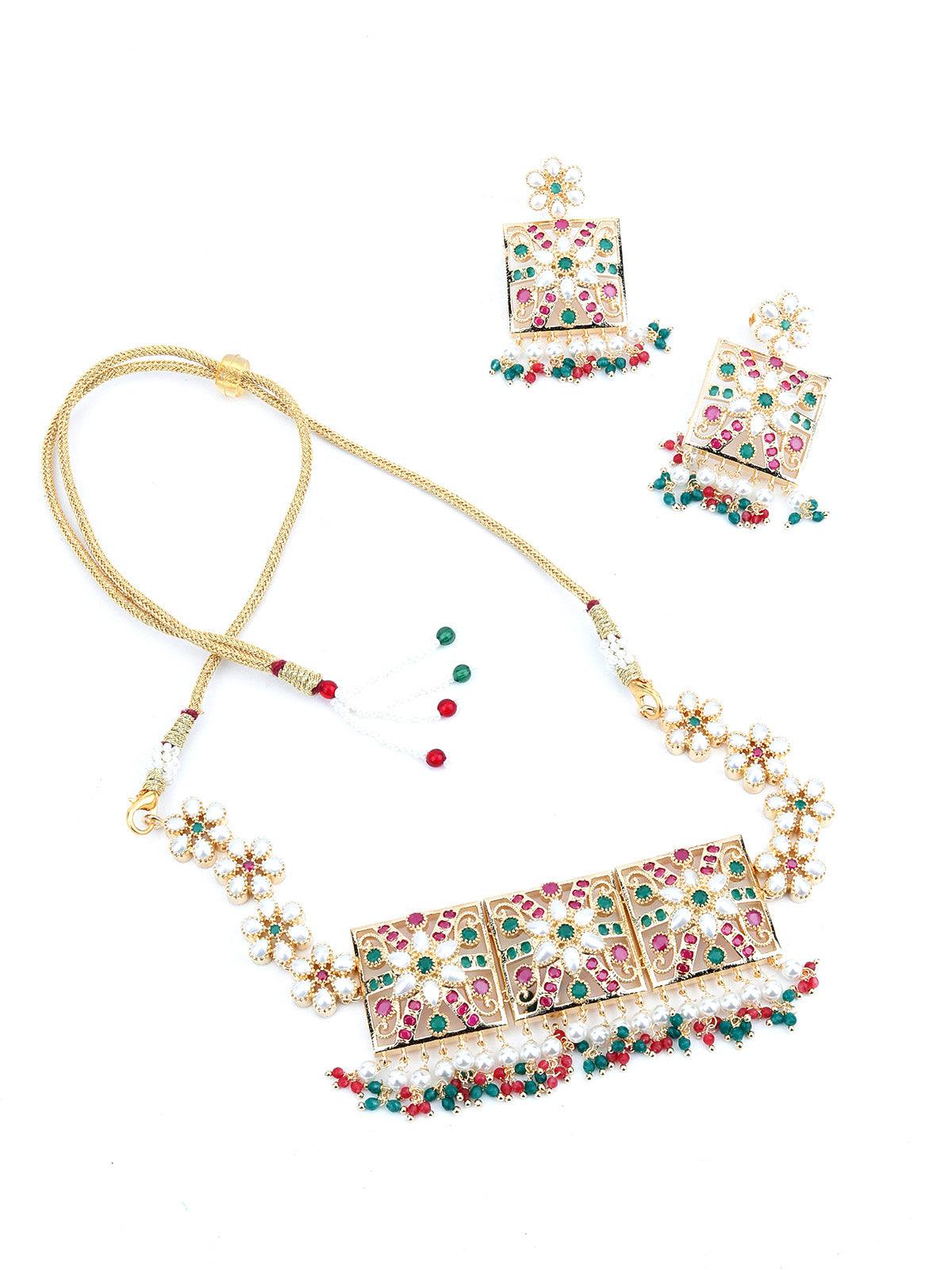 Red-Green Square Multicolour Choker Set - Rajwada