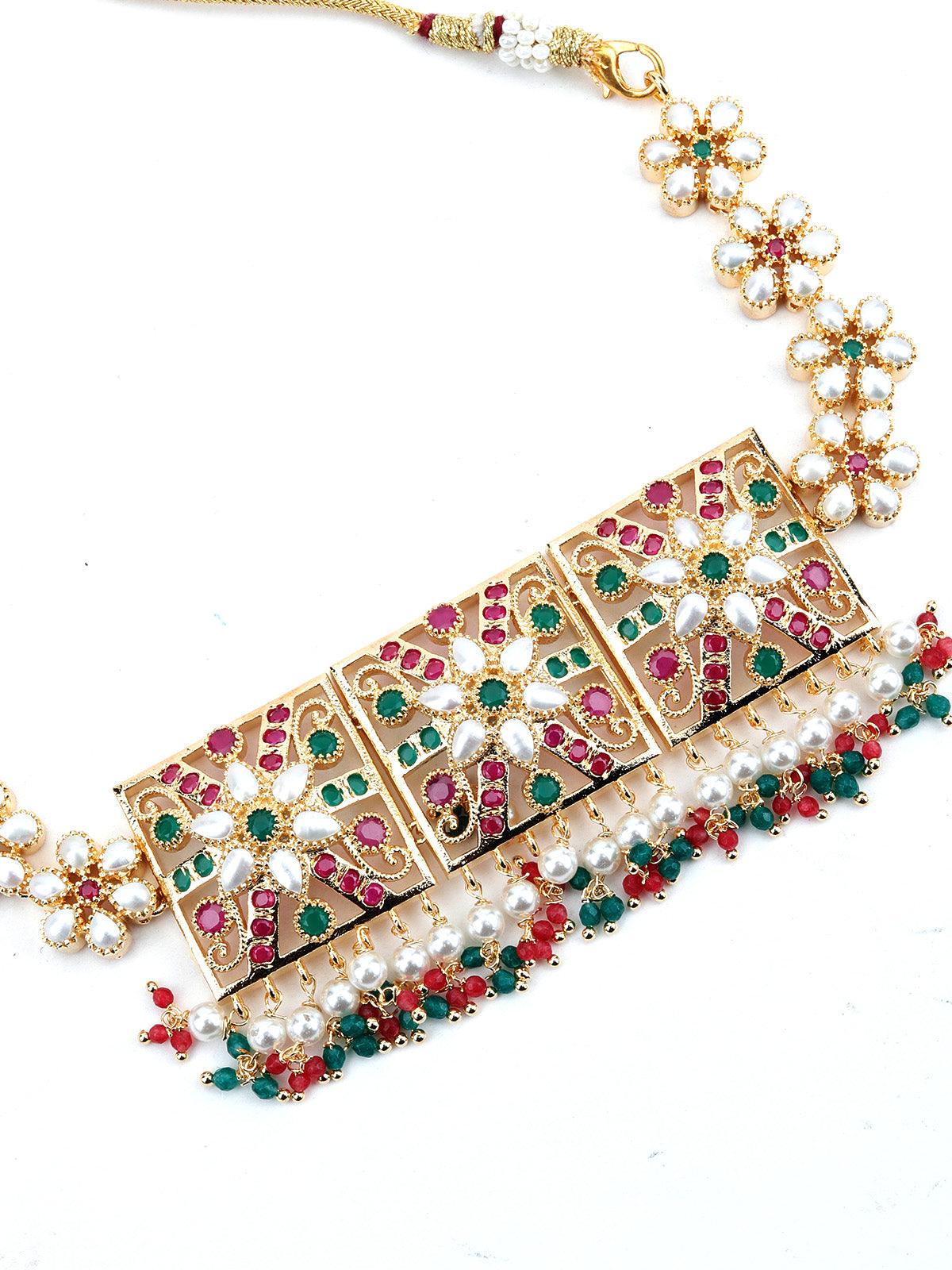 Red-Green Square Multicolour Choker Set - Rajwada