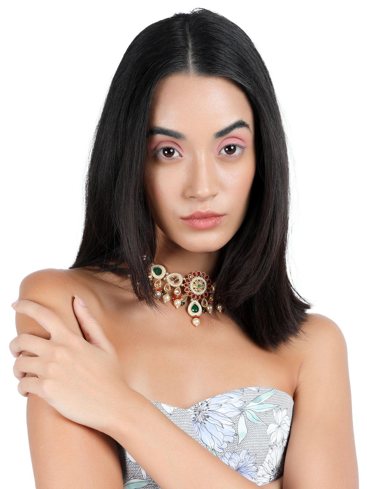 Red Kundan statement necklace set - Rajwada