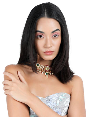 Red Kundan statement necklace set - Rajwada