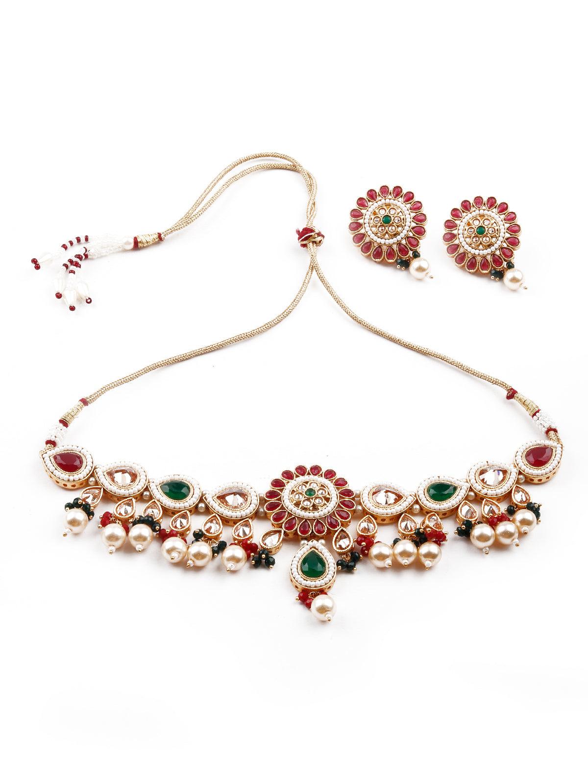 Red Kundan statement necklace set - Rajwada