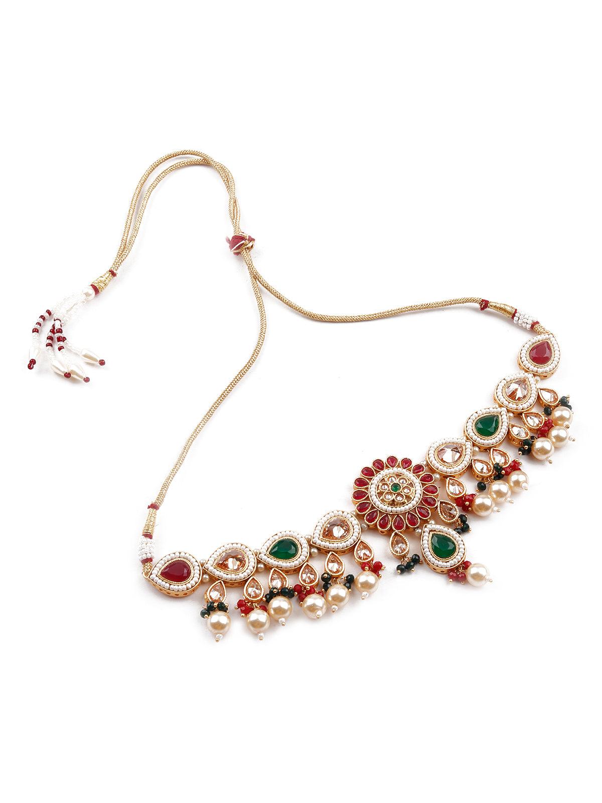 Red Kundan statement necklace set - Rajwada