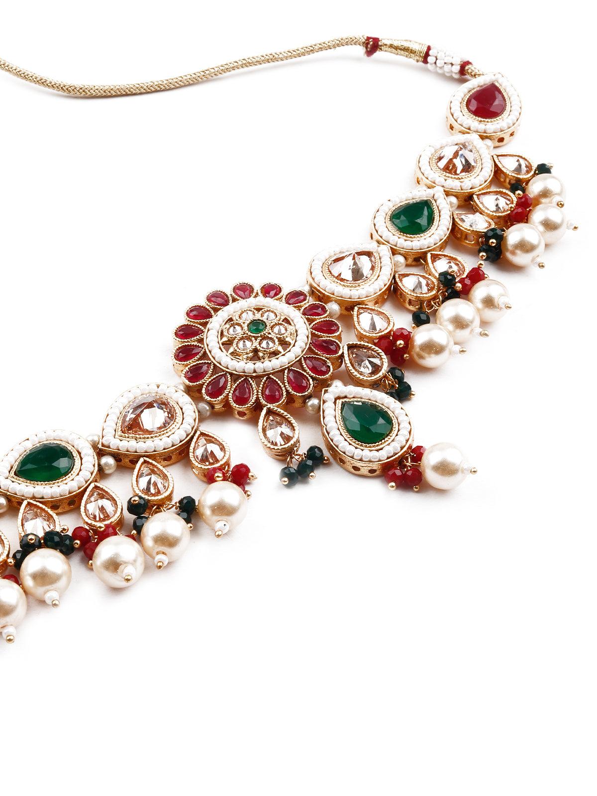 Red Kundan statement necklace set - Rajwada