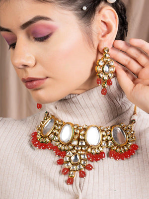 Red Onyx and Kundan Choker with Earrings - Rajwada