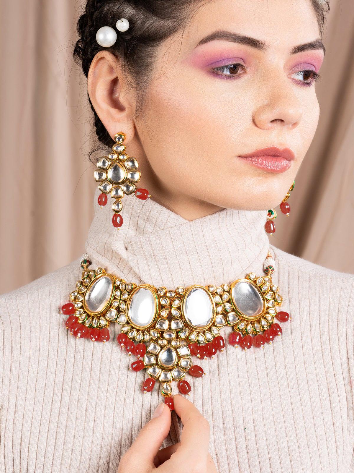 Red Onyx and Kundan Choker with Earrings - Rajwada