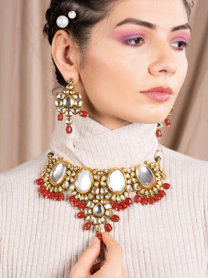 Red Onyx and Kundan Choker with Earrings - Rajwada