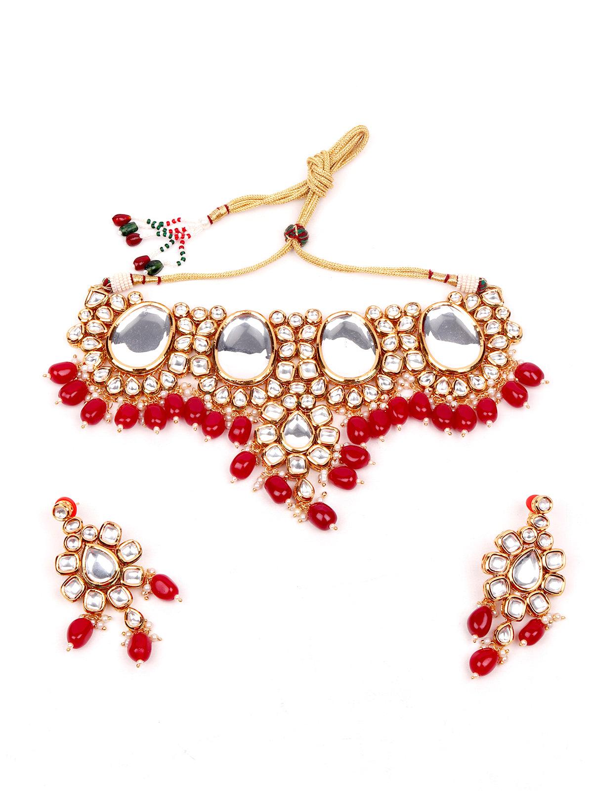 Red Onyx and Kundan Choker with Earrings - Rajwada