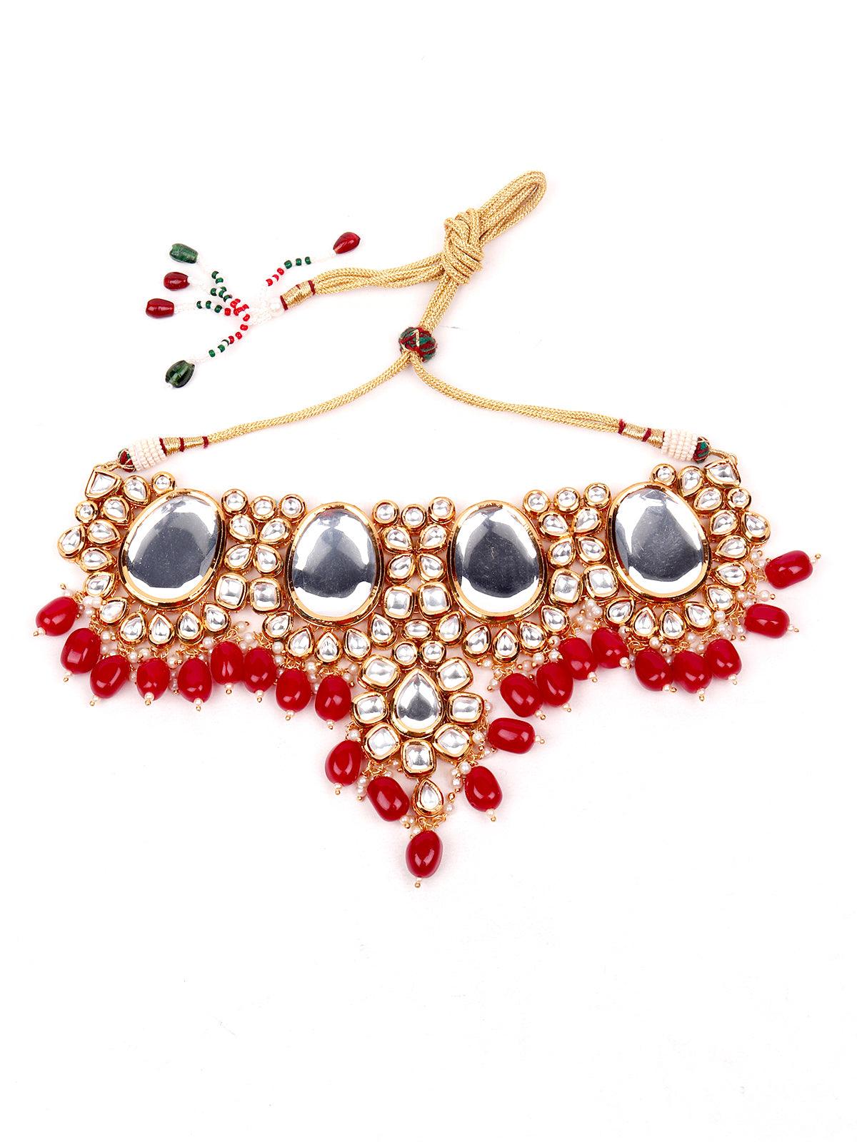 Red Onyx and Kundan Choker with Earrings - Rajwada