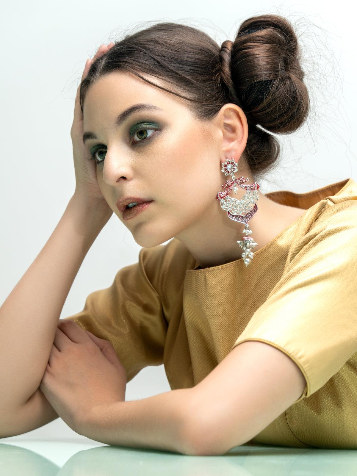 Red Silver Tone Amazing Dangle Earrings - Rajwada
