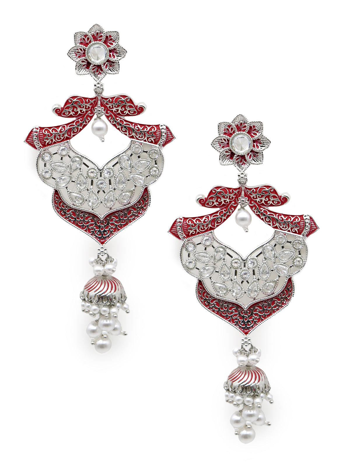 Red Silver Tone Amazing Dangle Earrings - Rajwada