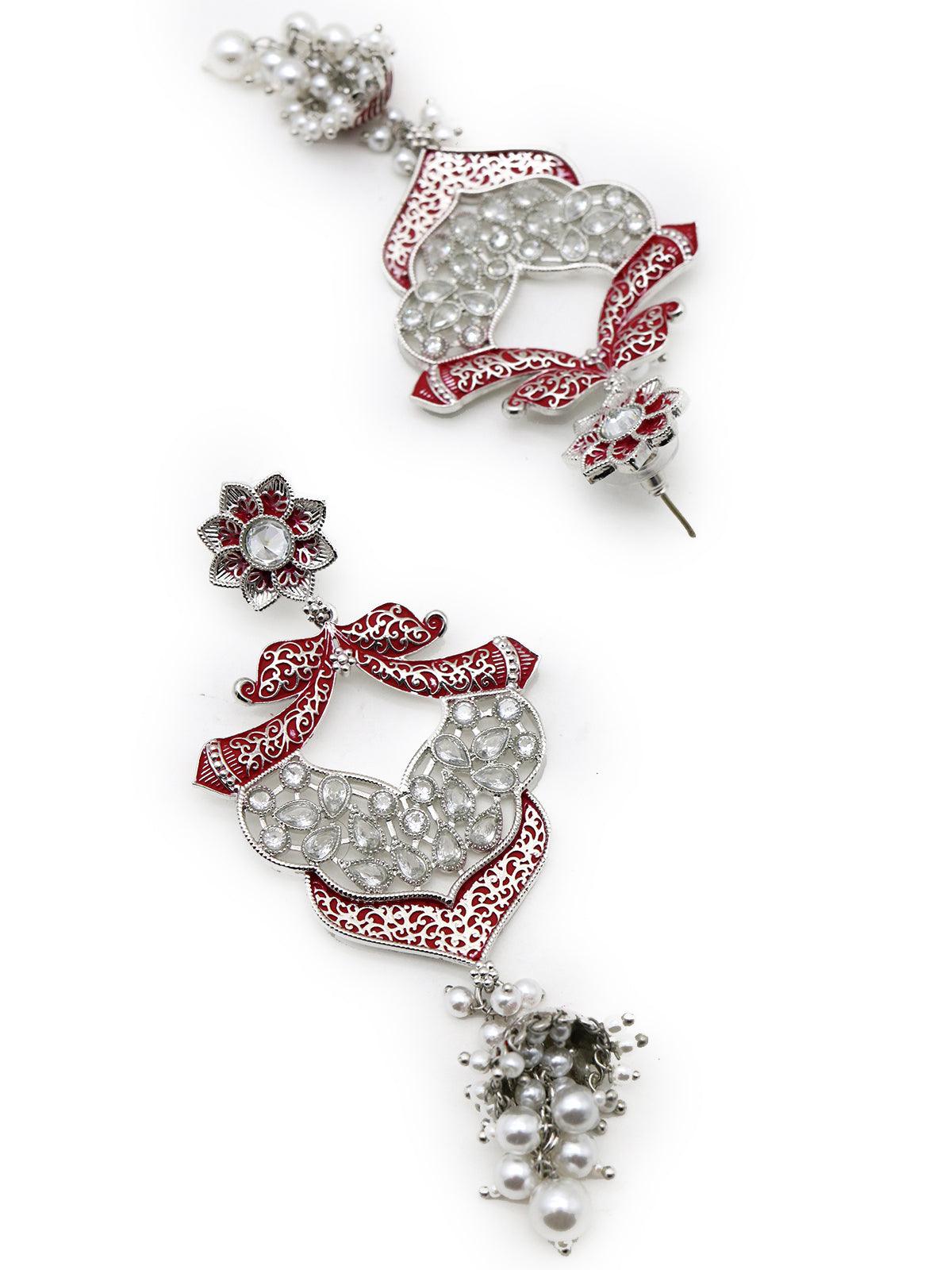 Red Silver Tone Amazing Dangle Earrings - Rajwada