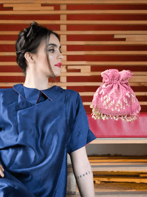  Rajwada - Pink Velvet Pearl Dangler Mini Bag