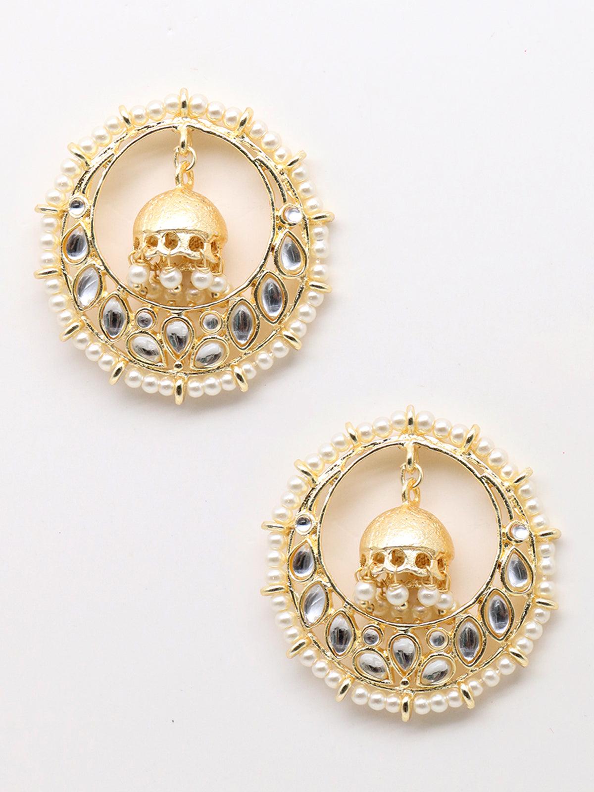Round gold tone kundan and pearl earrings - Rajwada