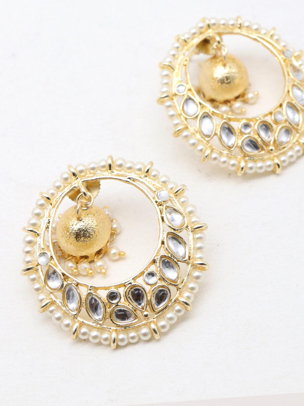 Round gold tone kundan and pearl earrings - Rajwada