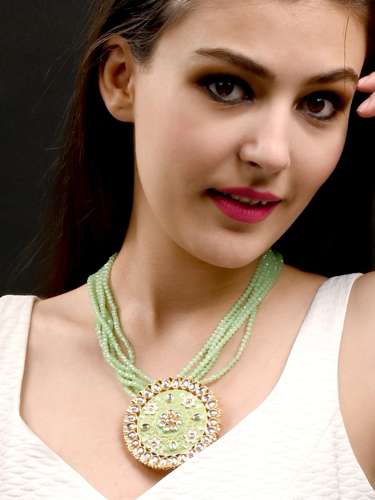 Round Green and White Kundan Jewellery Set - Rajwada