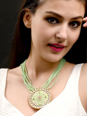 Round Green and White Kundan Jewellery Set - Rajwada