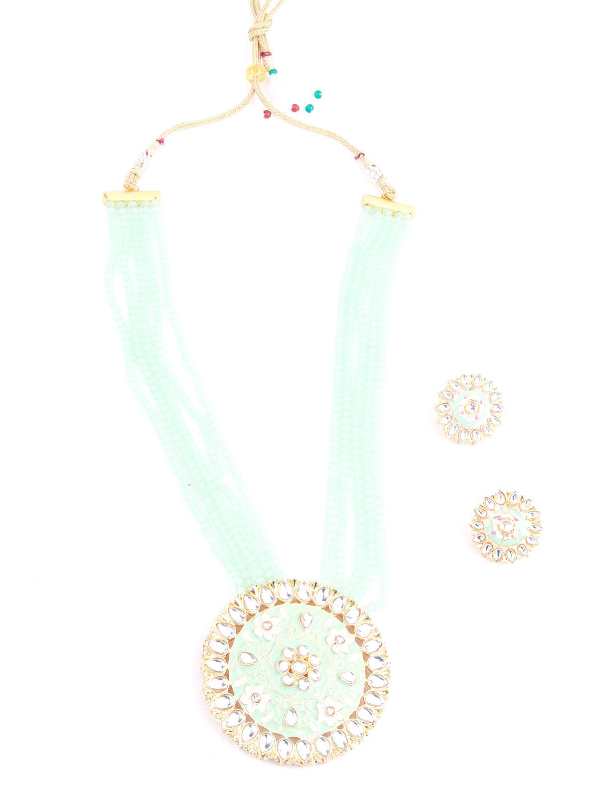 Round Green and White Kundan Jewellery Set - Rajwada