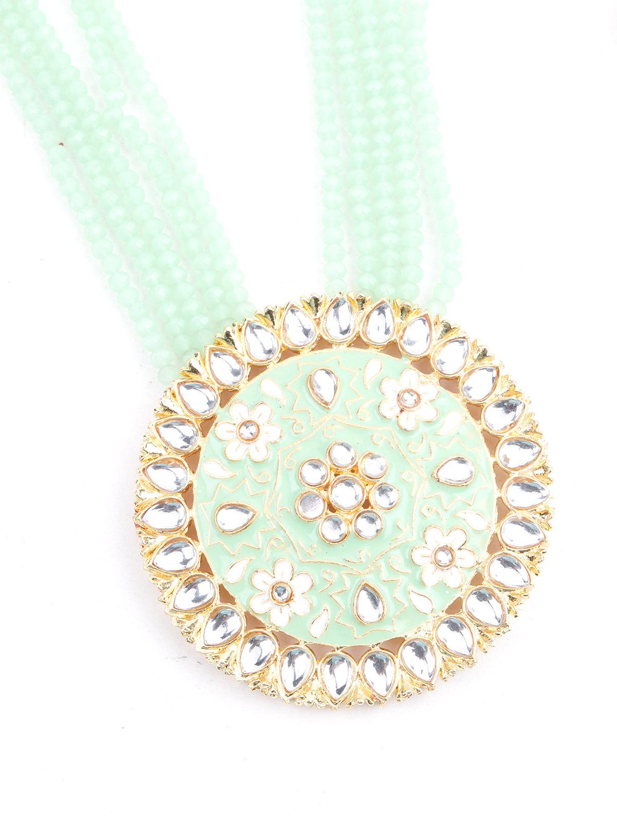 Round Green and White Kundan Jewellery Set - Rajwada