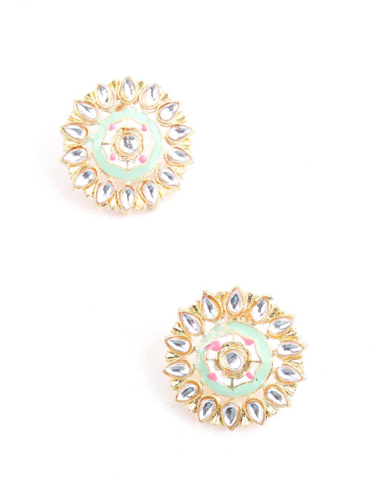 Round Green and White Kundan Jewellery Set - Rajwada