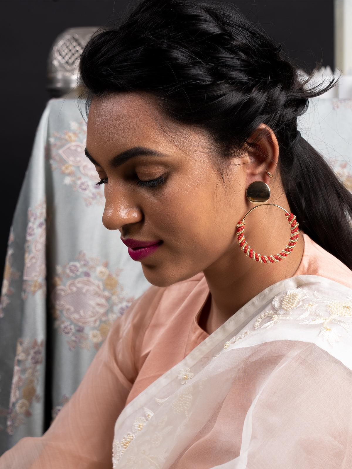 Round Red Beaded Dangle Earrings - Rajwada