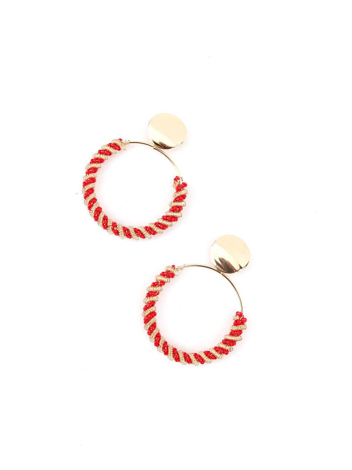 Round Red Beaded Dangle Earrings - Rajwada
