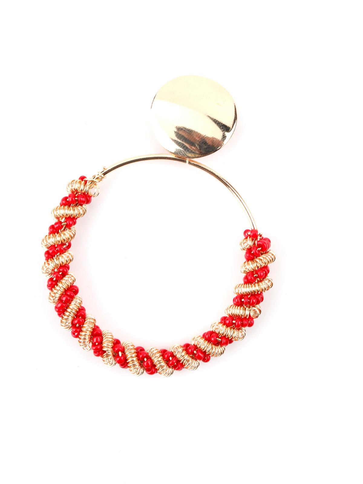 Round Red Beaded Dangle Earrings - Rajwada
