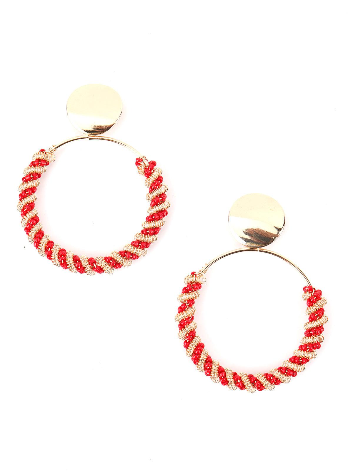 Round Red Beaded Dangle Earrings - Rajwada