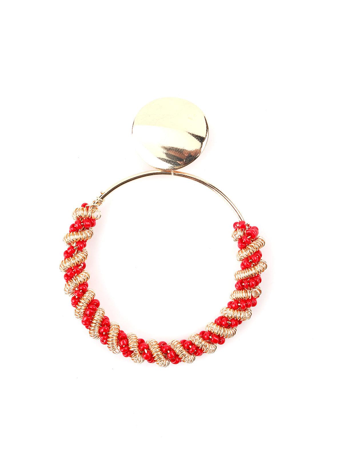 Round Red Beaded Dangle Earrings - Rajwada