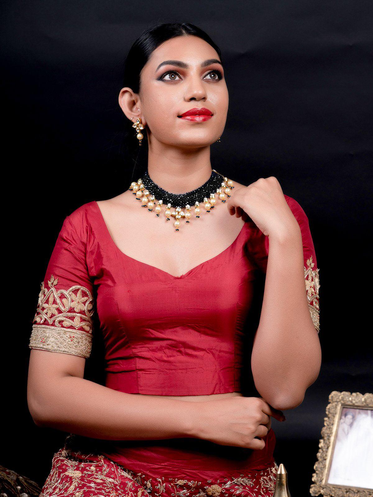 Royal Blue Beautiful Onyx-Pearl-Kundan Choker Set! - Rajwada