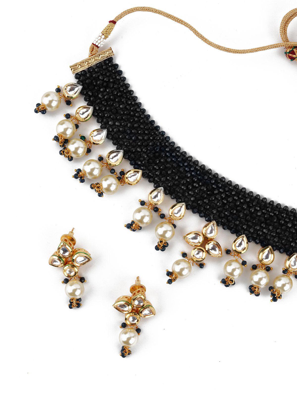 Royal Blue Beautiful Onyx-Pearl-Kundan Choker Set! - Rajwada