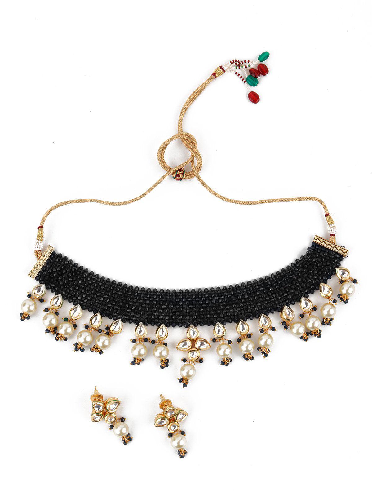 Royal Blue Beautiful Onyx-Pearl-Kundan Choker Set! - Rajwada