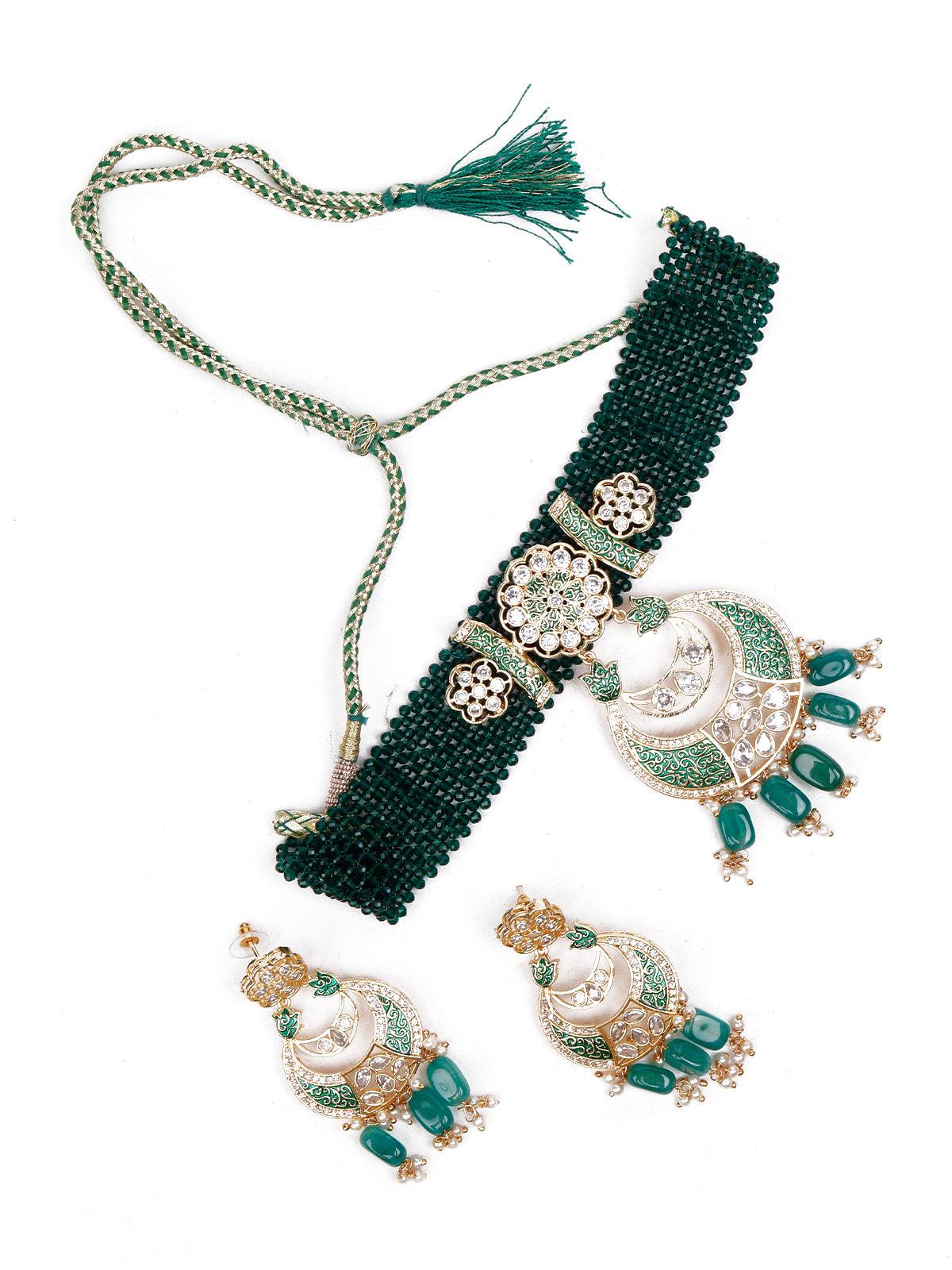 Royal emerald green choker necklace with a gorgeous pendant jewellery set&nbsp; - Rajwada