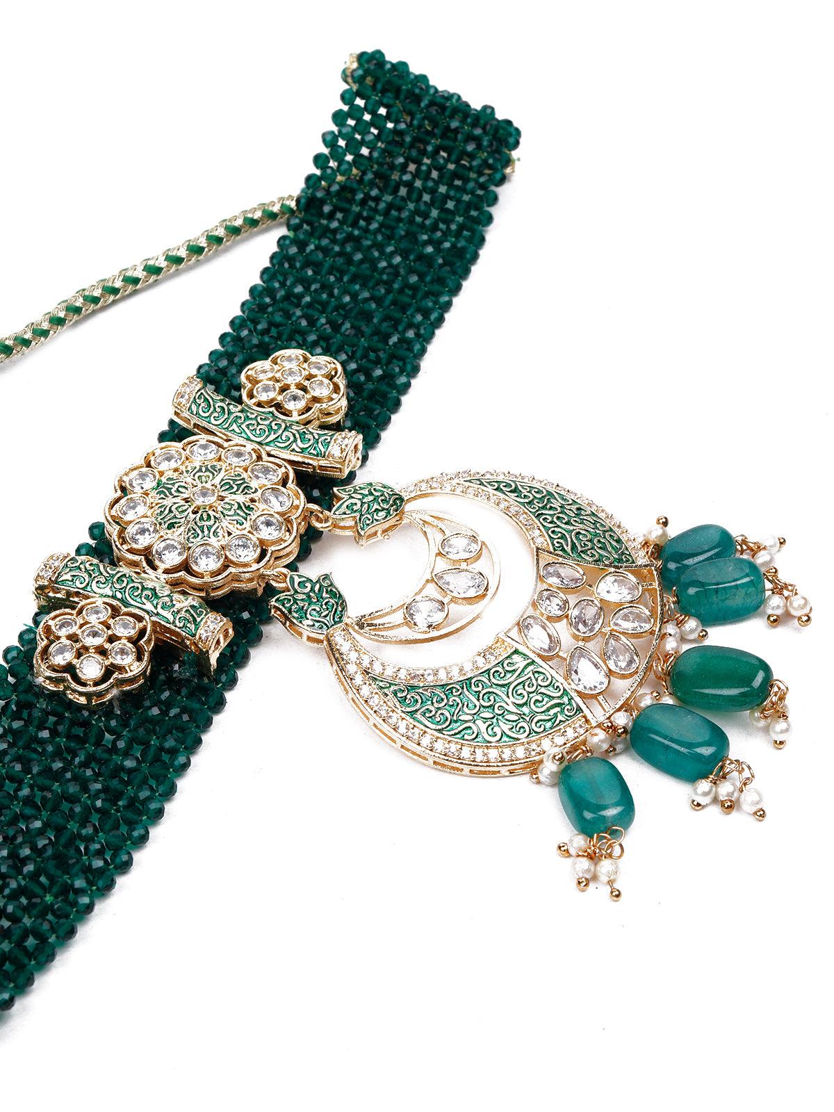 Royal emerald green choker necklace with a gorgeous pendant jewellery set&nbsp; - Rajwada