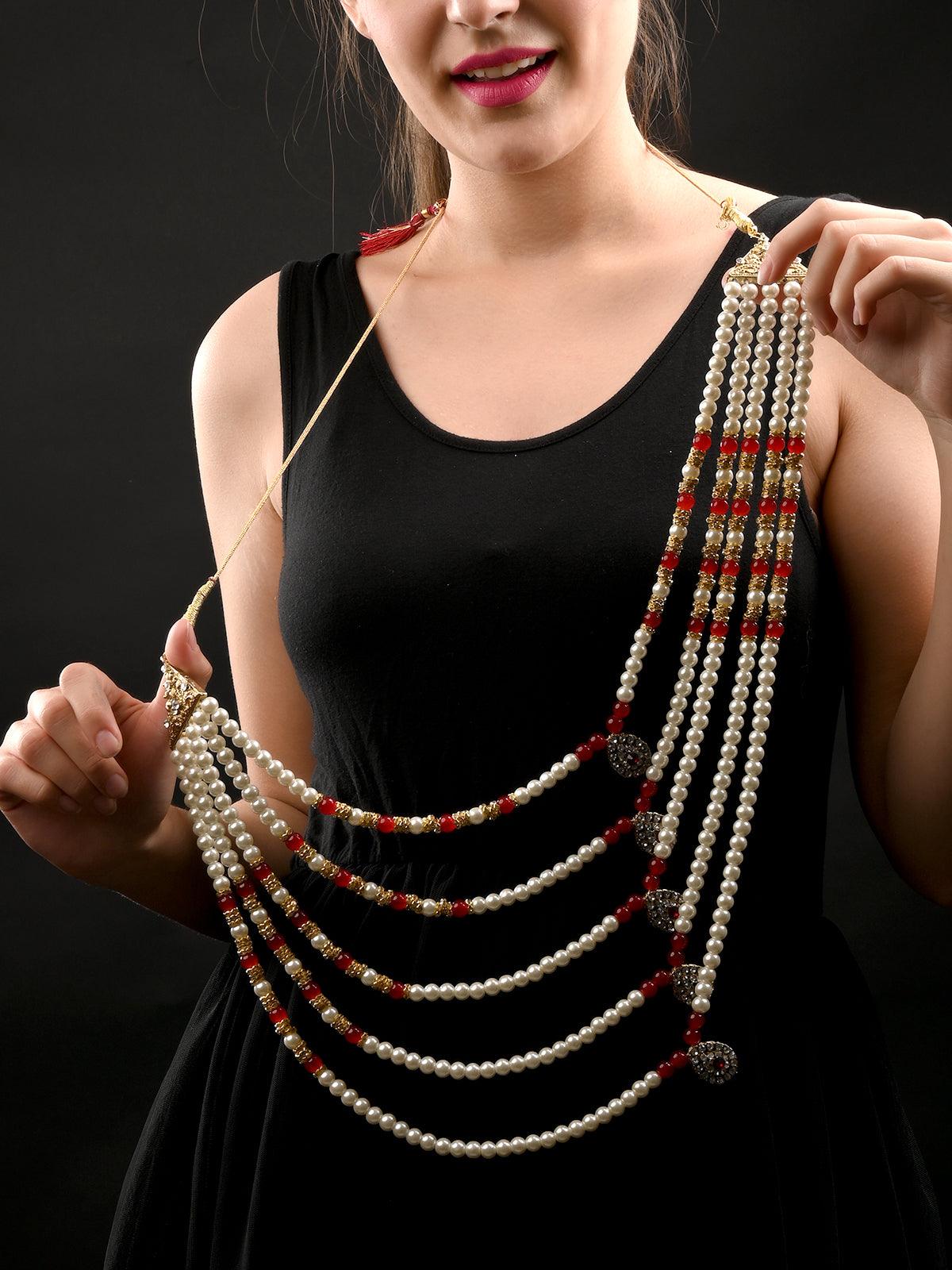 Ruby and White Multi Layered Kundan Necklace - Rajwada